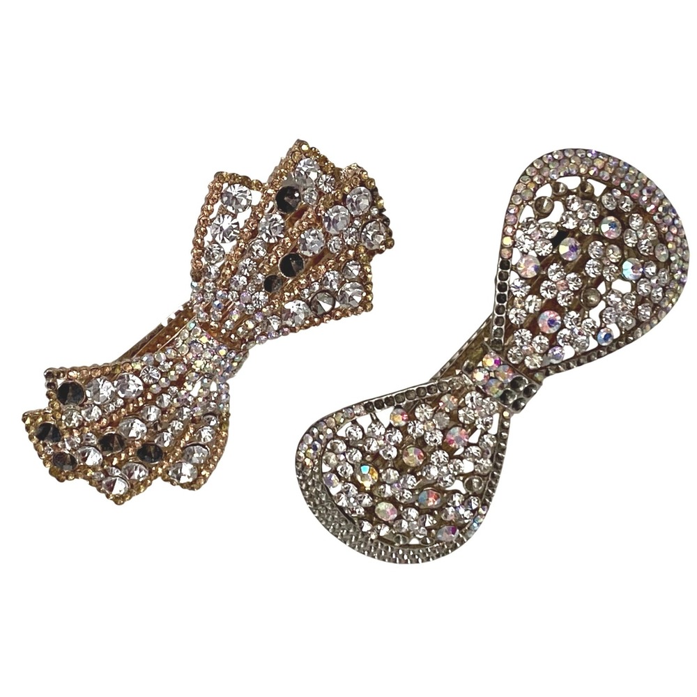 Glam Rhinestone Embellished Bow Hair Barrette Lot of 2 Craft Project Photo Shoot